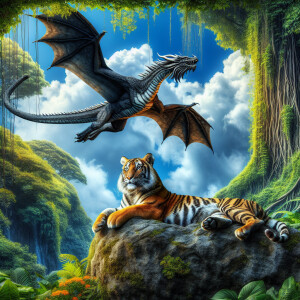 Prompt 2: Depict a tiger lounging on a rock while a dragon flies...