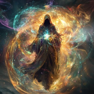 A luminously ethereal elysian warlock, exuding an aura of myster...
