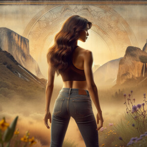 Athletic Thin skinny Attractive, Asian teenage girl, long brown hair and bangs, wearing tight skinny jeans and a halter top paint marks on her clothing, heroic pose Asian graffiti background, backside view