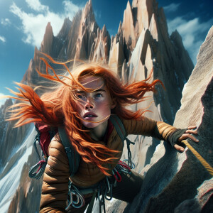Rusty girl and bald man climb on high mountains