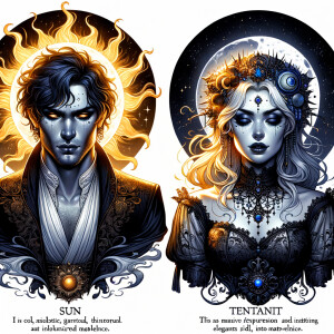 Picture of 1 man dan 1 woman, The man represents the Sun that bright but mindmaker and evil smirk, The woman represents the moon that calm but psychotic, elegant gothic clothes, dangerous duo