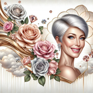 A horizontal portrait of a thinner, smiling curvy 80 year old Ca...