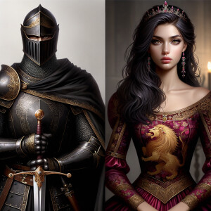 Black knight standing with a Greek elf queen with black hair and burgundy,gold and pink dress