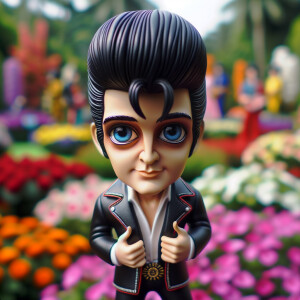 Elvis Presley doll with huge blue eyes flowers in the background