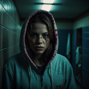 “A girl in a 1980s camp hoodie stares into a cracked mirror insi...