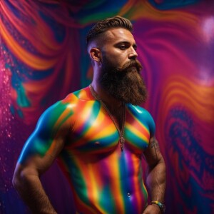 A bearded, muscular man confidently stands with his hands in his...