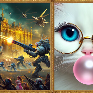 Illustrate a female white cat with striking blue eyes, flutterin...