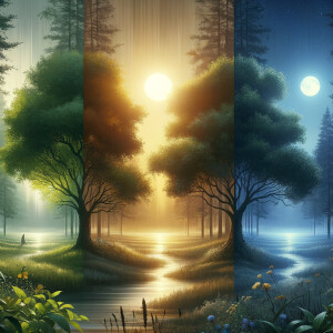 Triple exposure, trees, dawn, noon, night hyper realistic HD, 8k...