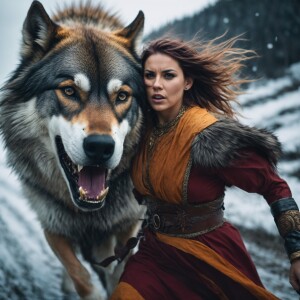 a woman wearing Viking warrior clothes being chased by super big...