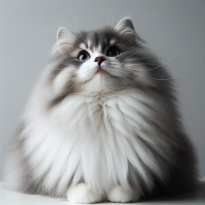 A furry gray and white cat looking up and almost smiling. The en...