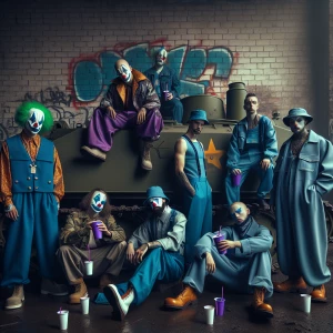 "In an urban setting with a gritty edge, a group of clowns with...
