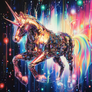 Amidst swirling neon holographic colors, a fantastical android u...