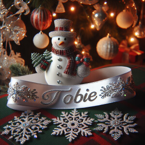 crystallized ribbon name "tobie" wrapped around a christmas tree...