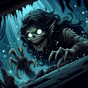 An evil mermaid with sharp teeth, malevolent glowing eyes, and d...