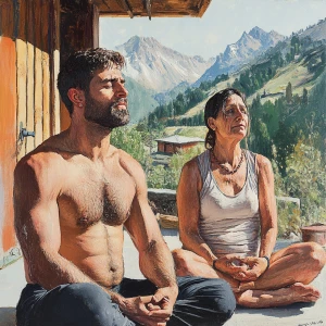 Realism art,A man(muscular beefy sweaty)sitting with 50 year old...