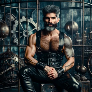 Create an image of a 30 year old muscular bodybuilder man gray h...