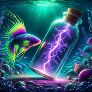 Purple and neon green fish catching lighting in a bottle