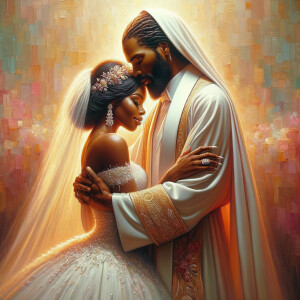 Imagine a hyper-realistic oil painting that captures a tender moment between theAfrican American bride and her God. The setting is intimate and filled with soft, warm lighting that enhances the emotional depth of the scene. The bride, in herexquisite wedding gown, shares a heartfelt embrace with her african-American Lord Jesus , who is dressedin an elegant outfit that complements the wedding's color scheme. Their expressions are full of love, pride, and joy, reflecting the special bond between them. Theattention to detail is paramount, from the intricate designs of their dresses to the subtle emotions conveyed in their facial expressions. The background is a blur ofgentle pastel hues, ensuring that the focus remains on this touching moment. Thispainting should convey the warmth, love, and depth of the relationship, with the rich textures and vibrant strokes characteristic of oil paintings, capturing the essence of this significant pre-wedding moment.