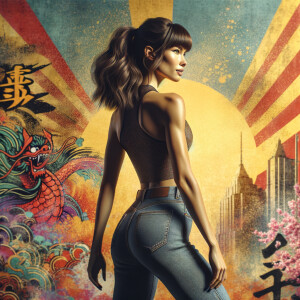 Athletic Thin skinny Attractive, Asian teenage girl, long brown hair and bangs, wearing tight skinny jeans and a halter top paint marks on her clothing, heroic pose Asian graffiti background, backside view