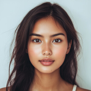 A portrait of a 22-year-old Filipina woman with a clean face and...