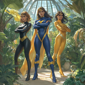 Three superheroes standing in a vibrant botanical garden. Captai...
