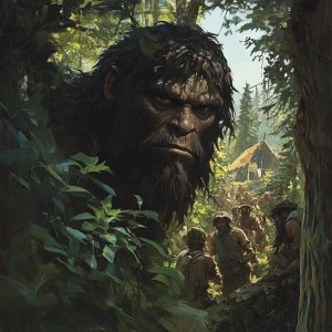 A humanoid Sasquatch covered in thick hair, peering from behind...