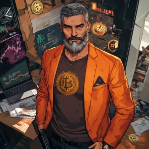 Create an image of a male character with short, gray hair and a...
