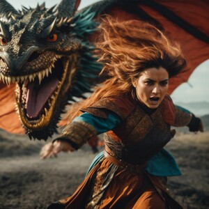 a woman wearing Viking warrior clothes being chased by super big...