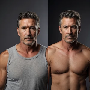 Create a side-by-side whole body image of a man in his mid-forti...