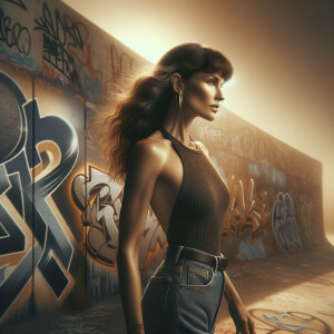 Sexy, Asian teen girl wearing skin tight jeans and a halter top long hair and bangs paint marks on her clothing, graffiti background heroic pose side view