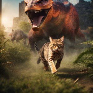 a cute cat is chased by a giant angry dinosaur