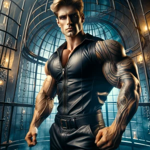 Create an image of a 30 year old muscular bodybuilder man blond...