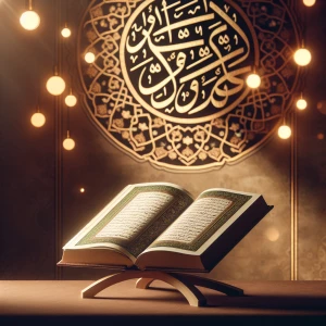 An elegant Islamic-themed background with an open Qur’an placed...