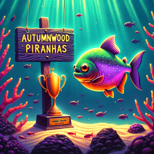 Purple neon green piranha. He has a winners trophy. There is a...