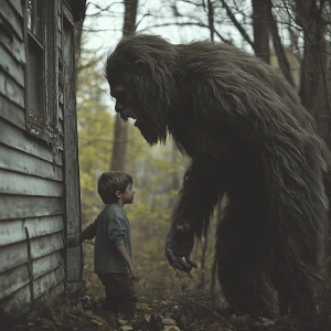 A humanoid looking hair covered sasquatch coming around a corner...