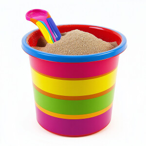 Show a bright colorful beach bucket with a shovel, filled with s...