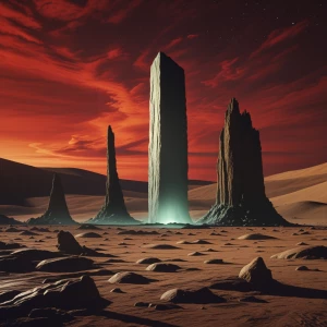 In the eerie lunar landscape, shadows dance across jagged rocks...