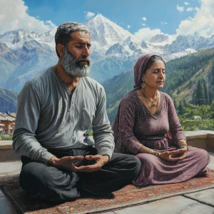 Hyperrealistic painting 1:1,A muscular man and his 50-year-old K...