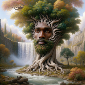 Create a hyper-realistic 3-D oil painting of a tree integrated w...