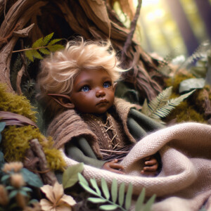 An elven baby with dark brown skin, blue eyes, and blonde hair.