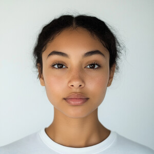 Portrait of a young woman, age 21, with a blend of Mexican and A...