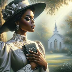 Render an airbrush oil painting of an African American woman with flawless makeup in a
contemplative pose, holding a Bible close to her heart, dressed in an elegant Sunday Best
outfit with a distinctive Church Hat. The background features a peaceful church garden,
with light filtering through the trees, highlighting her spiritual connection and the personal
moment of reflection. The artwork should capture the tranquility of the scene, the beauty
of her attire, and the depth of her contemplation, reflecting a serene and spiritually