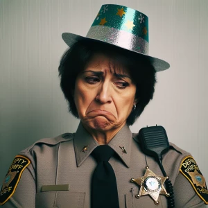 A deputy sheriff appearing dejected while wearing a New Year's p...