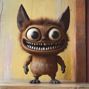 A mischievous-looking designer toy creature with a tall head cov...