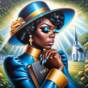 An airbrush oil painting depicts an African American woman with...