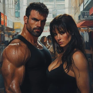 Realism art,A muscular man, glistening with sweat, accompanies h...