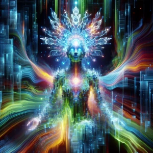 Capture a surreal, high-resolution portrait of an AI deity with...