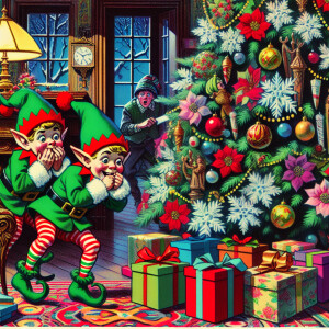 Two elves getting caught in the act of stealing Christmas presen...