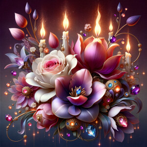 Create a vibrant digital artwork depicting a lush bouquet of sty...