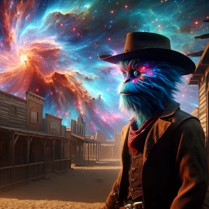 "A surreal Wild West scene featuring a blue furry puppet cowboy...